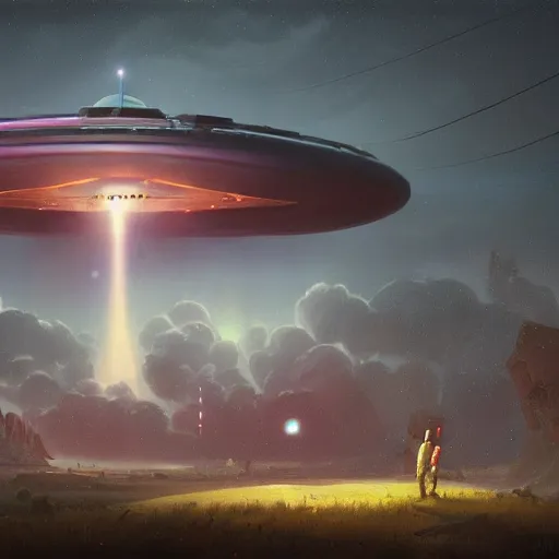 Prompt: a digital painting of a person looking up at a gigantic big enormous ufo spaceship in the sky on earth concept art by simon stalenhag and peter mohrbacher cgsociety, speedpainting, apocalypse art. unreal engine. hyper - realistic. photo realistic. 3 d render. octane render. detailed masterpiece. extreme wide shot.