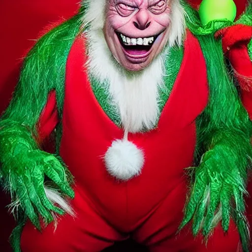 Prompt: funny face pulling competition winning funny face photo of elon musk as the grinch, pulling the move'derp banshee ', hilarious face pulling competition winner, extreme face contortion