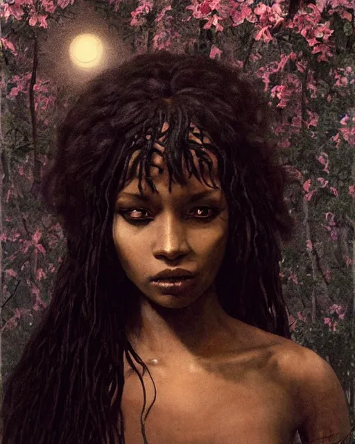 Prompt: a beautiful but creepy young black woman in layers of fear, with haunted eyes, violence in her eyes, wearing a punk outfit, 1 9 7 0 s, seventies, delicate embellishments, a little blood, woodland, moonlight shining on wildflowers, painterly, offset printing technique, by alexandre cabanel