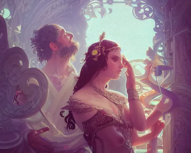 Image similar to a wedding in a swimming pool, photography of kurzgesagt, deep focus, d & d, fantasy, intricate, elegant, highly detailed, digital painting, artstation, concept art, matte, sharp focus, illustration, hearthstone, art by artgerm and greg rutkowski and alphonse mucha