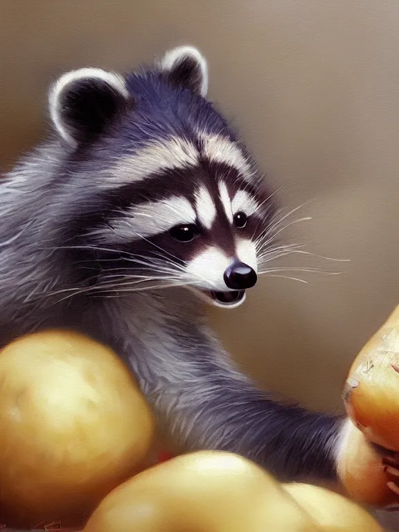 Prompt: A ultradetailed beautiful panting of a very cute racoon with a playful smile stealing a bag of potatoes, oil panting, high resolution 4K, by Ilya Kuvshinov, Greg Rutkowski and Makoto Shinkai