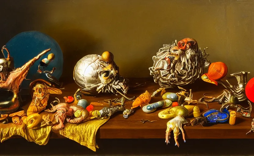 Image similar to disturbing colorful oil painting dutch golden age vanitas still life with bizarre objects strange gooey surfaces shiny metal bizarre insects rachel ruysch dali todd schorr very detailed perfect composition rule of thirds masterpiece canon 5 0 mm, cinematic lighting, photography, retro, film, kodachrome