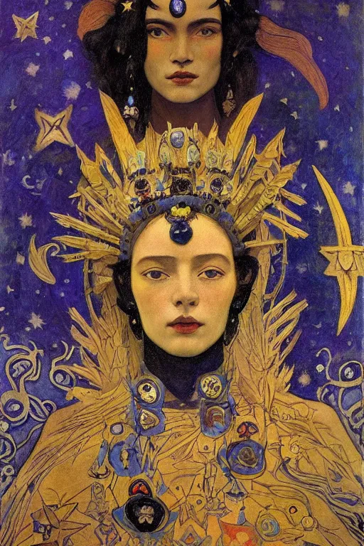 Image similar to queen of the crows with stars in her hair by Nicholas Roerich and Annie Swynnerton and Diego Rivera and jean delville and Carl Larsson, dramatic cinematic lighting , silver jewelry, ornate headdress, flowing robes, sacred artifacts, lost civilizations, smooth, sharp focus, extremely detailed