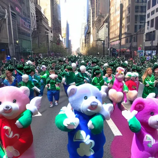 Image similar to a parade of stuffed care bears marching down 5 th ave manhattan on st. patrick's day, 8 k, photo realistic, extremely life like