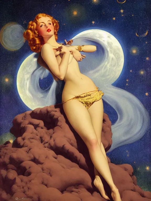 Image similar to ranni the witch, a beautiful art nouveau portrait by Gil elvgren and Hajime Sorayama, moonlit starry sky environment, centered composition, defined features, golden ratio, gold jewlery, photorealistic professional lighting, cinematic, sheer