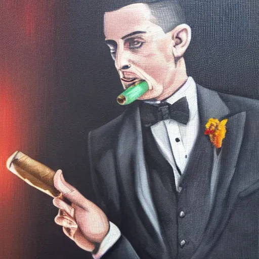 Prompt: a close - up canvas painting of a gangster irish man with a fade haircut, wearing a suit, bowtie, and ring, lighting a cigar, highly detailed