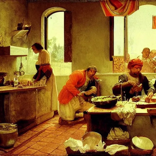 Image similar to Dramatic renaissance scene of cooking in the kitchen, by Greg Rutkowksi and Ilya Repin