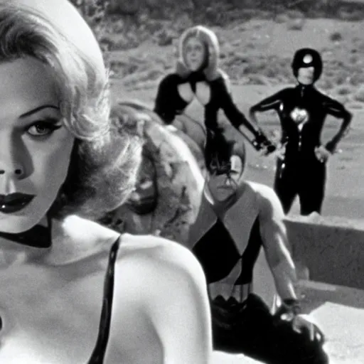 Prompt: still from campy old 70\'s movie Avengers (1972) actress playing Black Widow