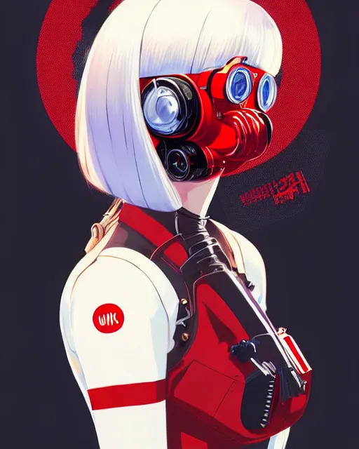 Image similar to white haired cyborg girl wearing gas mask and red dress | | audrey plaza, fine detail!! anime!! realistic shaded lighting!! poster by ilya kuvshinov katsuhiro otomo ghost - in - the - shell, magali villeneuve, artgerm, jeremy lipkin and michael garmash and rob rey