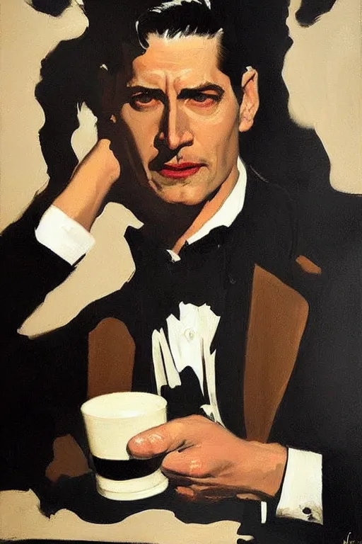 Image similar to dale cooper drinking coffee, coffee spilling, waves of black liquid, painting by jc leyendecker!! phil hale!, lynchian!!!! ominious, dark lighting, angular, brush strokes, painterly, vintage, crisp