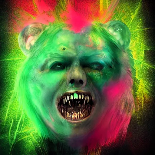 Image similar to wispy ink horror, neochrome colors, realistic render, toxic green pit of liquid, zombie bear, photo pic by matte painting