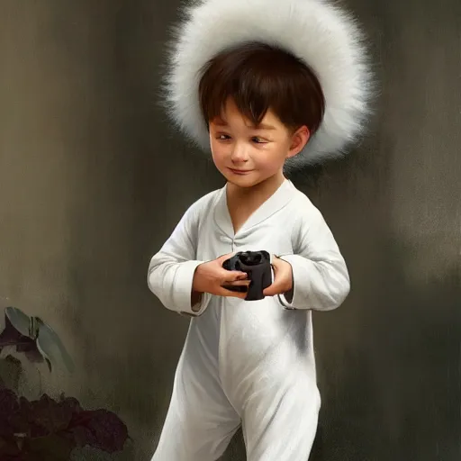 Image similar to young boy wearing white fabric pajama with cartoon paintings on it. standing and looking on a small furry smiling monkey. highly detailed, digital painting, artstation, concept art, smooth and sharp focus, cg by tian zi and wlop and alphonse mucha