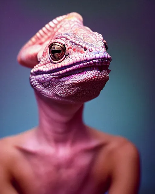 Prompt: natural light, soft focus portrait of a cyberpunk anthropomorphic chameleon with soft synthetic pink skin, blue bioluminescent plastics, smooth shiny metal, elaborate ornate head piece, piercings, skin textures, by annie leibovitz, paul lehr