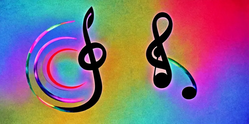 Prompt: a treble clef staff of complex musical notes and orchestral notation flowing from a prism pastel rainbow, comic book panel background, muted colors, dreamy muted pastel colors, in the style of Pink Floyd Dark Side of the Moon