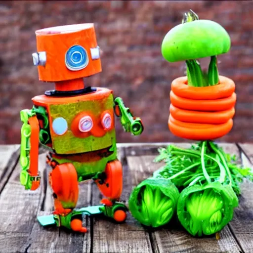 Image similar to robot made of vegetables, tomato head and a carrot sword, made in abyss style