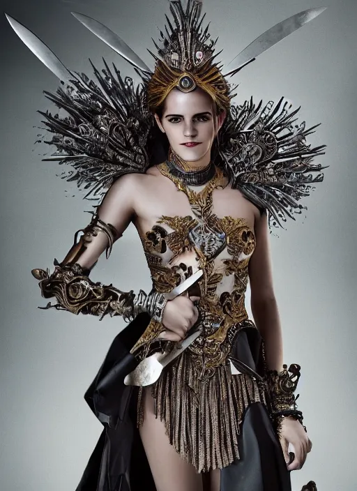 Image similar to expressive full body photo of a emma watson, headpiece made from knives, dress made of swords, glamour shot, by karol bak, by stefan gesell, photorealistic, canon r 3, fashion photography, hyper maximalist, elegant, ornate, luxury, elite, environmental portrait, symmetrical features, octane render, unreal engine, solid dark grey background, dramatic lights