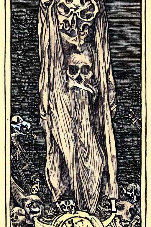 Image similar to tarot card of several skulls and bones with a young woman wearing a long dress stuck in the middle