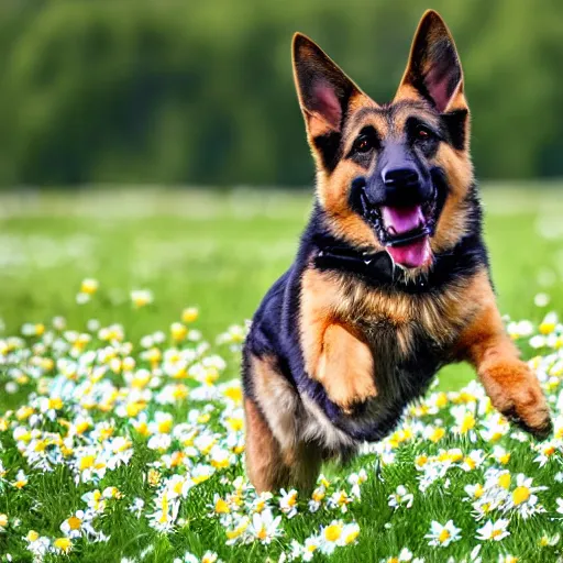 Image similar to German shepherd dog chasing a bunny in a field with daisies, trees in the distance with sun blue skies a couple of clouds