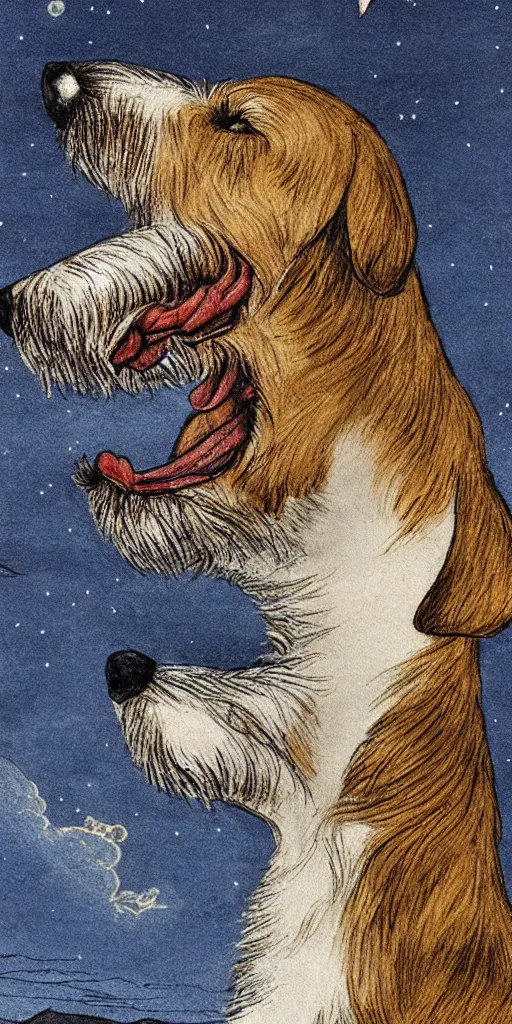 Image similar to portrait of jack russel dog looking up and howling with mouth open sad, night sky, highly detailed, side view, illustrated by peggy fortnum and beatrix potter and sir john tenniel