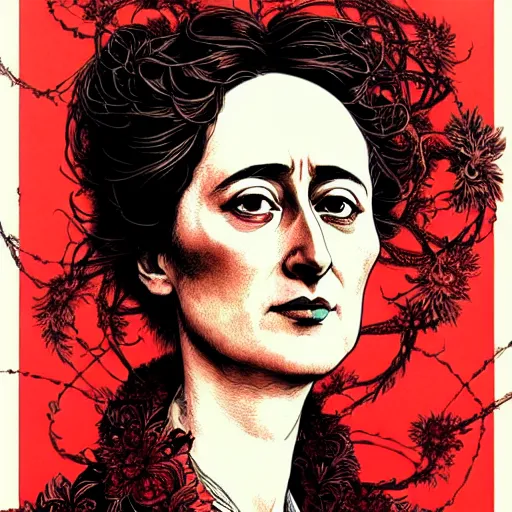 Image similar to portrait of rosa luxemburg painted in ian mcque style drawn by vania zouravliov and takato yamamoto, inspired by fractal flowers, intricate acrylic gouache painting, high detail, sharp high detail, artstation