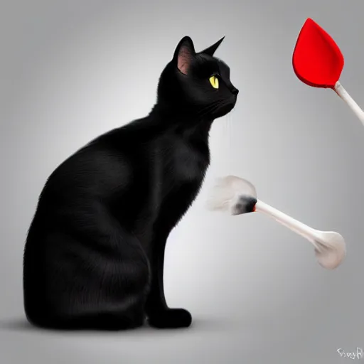 Image similar to photorealistic black cat with a white spade marking on its chest. red eyes. standing on its back legs