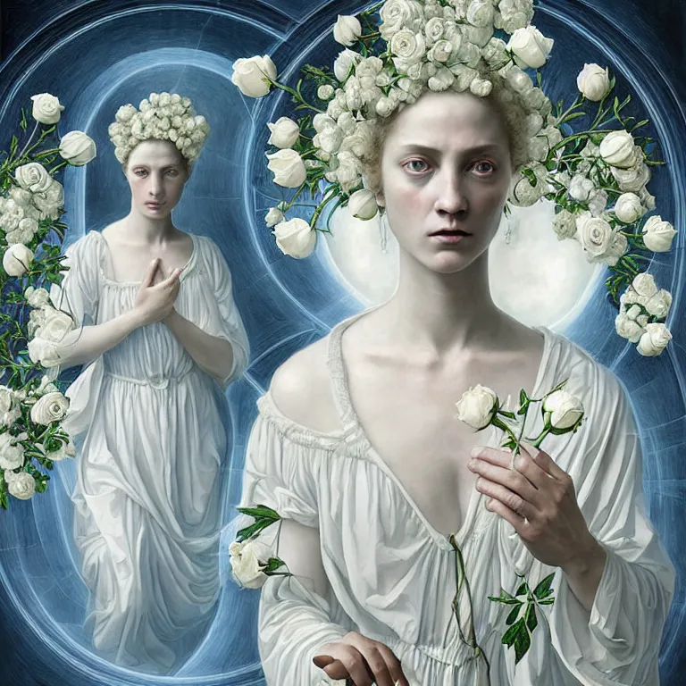 Image similar to renaissance professional digital art of wonderful symmetrical goddess with a majestic semi transparent white roses cotton dress, blue atmospheric light, dramatic lighting, cinematic, painted, intricate, detailed, foreboding, by art by meredit frampton and gregory crewdson, epic, stunning, gorgeous, much wow, cinematic, masterpiece.