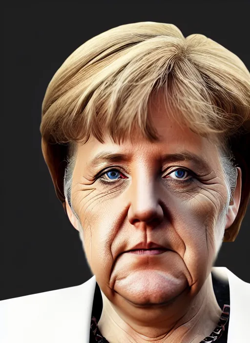 Prompt: highly detailed vfx portrait of angela merkel, geometric polygons, global illumination, detailed and intricate environment by james jea