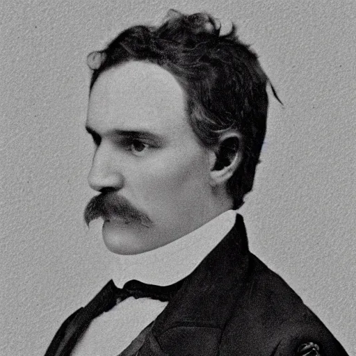 Image similar to A photograph portrait of Jerma985 with a pyramidal mustache in the early 1800s, taken in the early 1800s, 1840s, grainy, taken on a Field View Camera, realistic, hyperrealistic, very realistic, highly detailed, very detailed, extremely detailed, detailed, digital art, trending on artstation