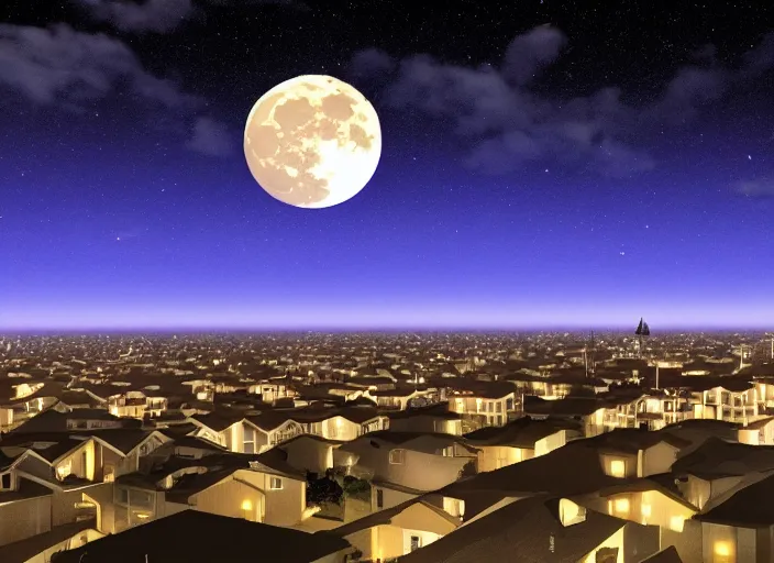 Image similar to thousands of big moons, focus on the sky. thousands of houses in the city, hyperrealism, no blur, 4 k resolution, ultra detailed