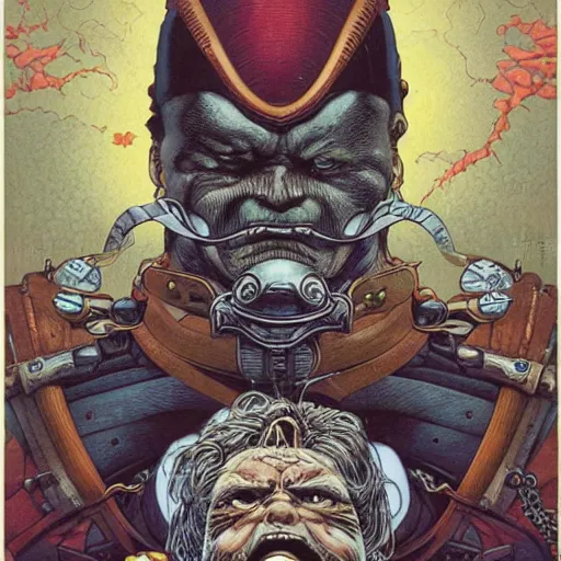 Prompt: portrait of crazy grumpy captain, symmetrical, by yoichi hatakenaka, masamune shirow, josan gonzales and dan mumford, ayami kojima, takato yamamoto, barclay shaw, karol bak, yukito kishiro