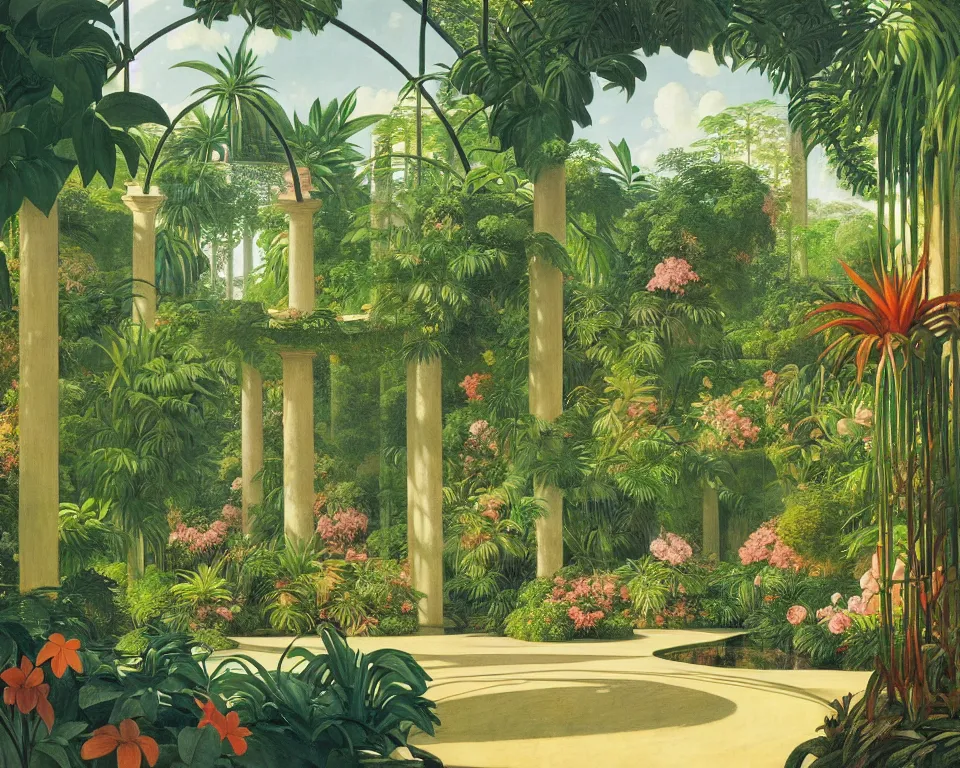 Prompt: an achingly beautiful print of the interior of a botanic garden, featuring flowing fountains and tropical foliage, by Raphael, Hopper, and Rene Magritte. detailed, romantic, enchanting, trending on artstation.
