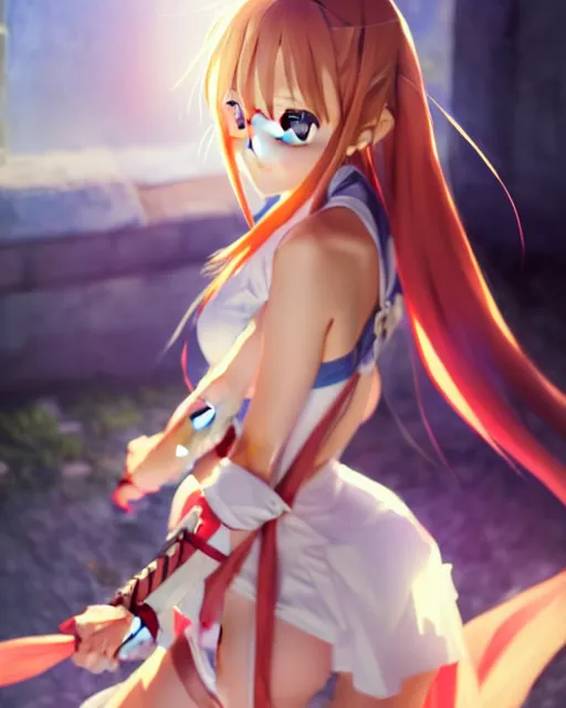 Image similar to very cute photo of asuna from sao, asuna by a - 1 pictures, by greg rutkowski, gil elvgren, enoch bolles, glossy skin, pearlescent, anime, maxim magazine, vert coherent