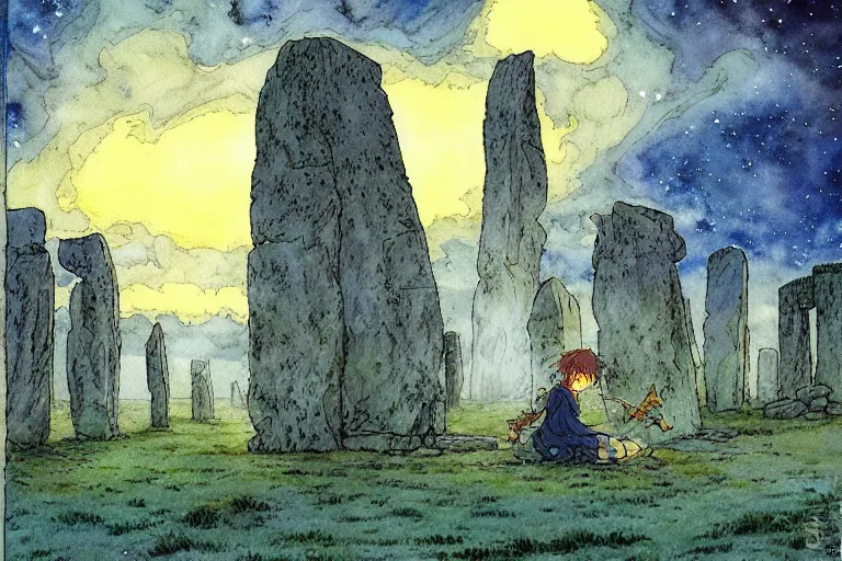 Image similar to hyperrealist studio ghibli watercolor fantasy concept art of a 1 0 0 ft. giant druid sitting on stonehenge. it is a misty starry night. by rebecca guay, michael kaluta, charles vess