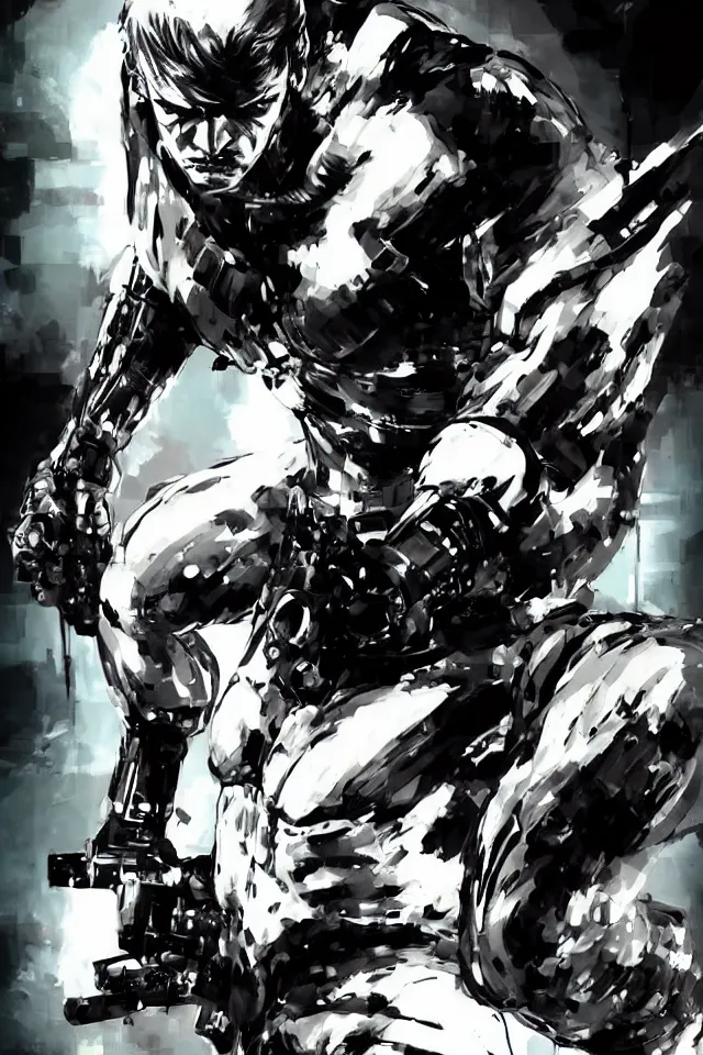 Prompt: a full - body portrait of cyborg ninja joe rogan, in yoji shinkawa's art style, metal gear solid art style, highly detailed, 4 k, artistic, white background, b & w