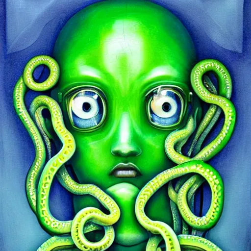 Prompt: 3 d, close - up, fashion model in a blue factory worker's overalls face looking down at the floor eyes sad tentacles instead of hands, green snakes background, soft light, smooth face feature, intricate oil painting, high detail illustration, sharp high detail, manga and anime 1 9 9 9, paper texture