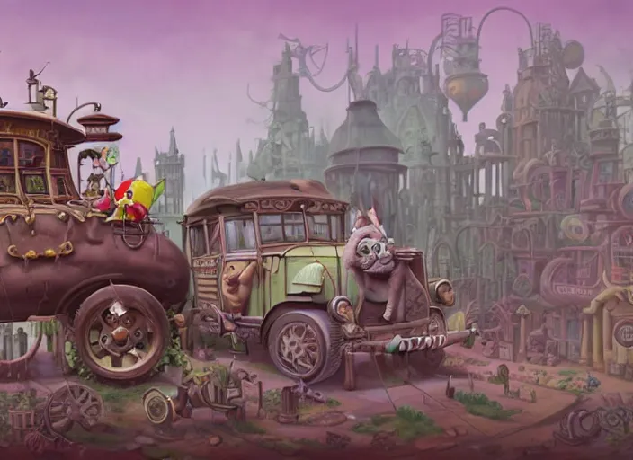 Image similar to matte sharp painting, close - up of a garden gnome driving a steampunk bus, a cat is holding onto the roof, juxtapoz, artforum, gary baseman, preston blair, tex avery, dan mumford, pedro correa