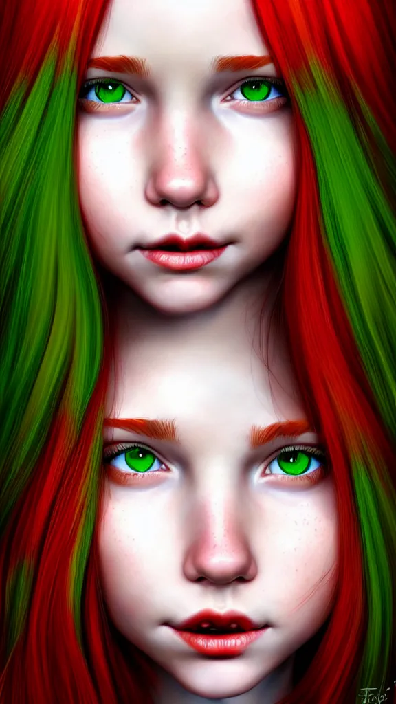 Image similar to a fantastic portrait photograph of a smiling girl with red hair and green eyes, symmetrical face, artstation, deviantart, hyperrealism