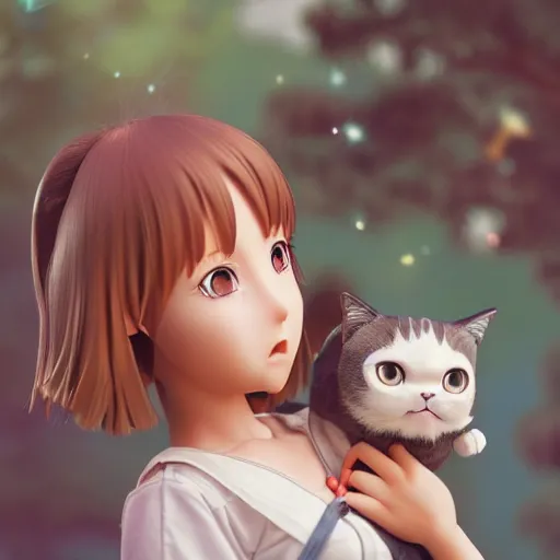 Image similar to Manga cover portrait of an extremely cute and adorable beautiful girl holding an extremely grumpy cat, 3d render diorama by Hayao Miyazaki, official Studio Ghibli still, color graflex macro photograph, Pixiv, DAZ Studio 3D