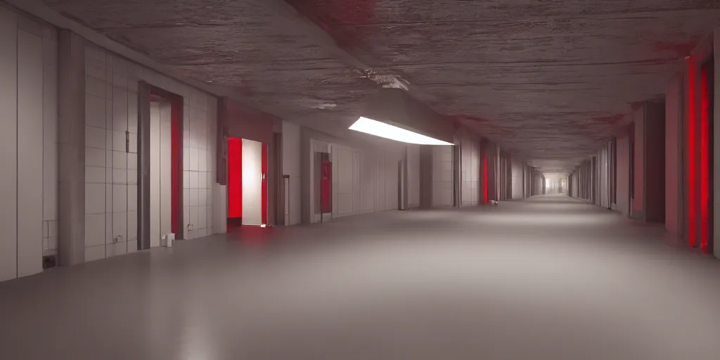 Prompt: a long angle shot of a big dark room with white lights on the celling and a long hallway at the end of the room with red lights on the celling, highly detailed, unreal engine, 4 k, dark, moody, noisy, game render, hyper realistic