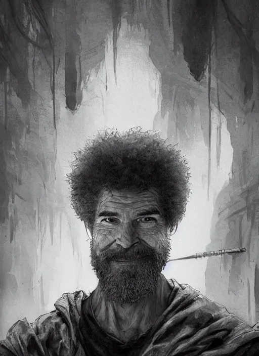 Image similar to portrait, Epic robot Bob Ross, watercolor, dramatic lighting, cinematic, establishing shot, extremly high detail, foto realistic, cinematic lighting, pen and ink, intricate line drawings, by Yoshitaka Amano, Ruan Jia, Kentaro Miura, Artgerm, post processed, concept art, artstation, matte painting, style by eddie mendoza, raphael lacoste, alex ross