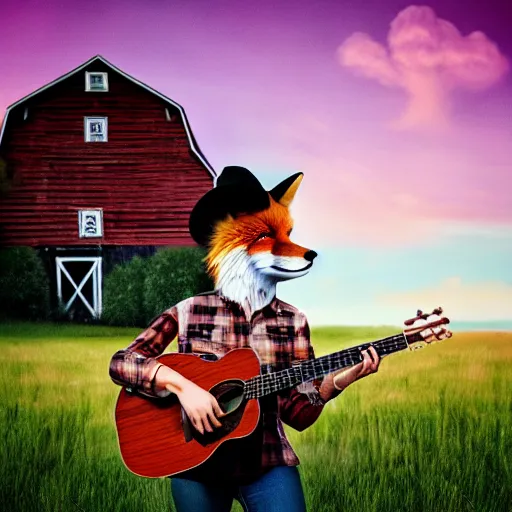 Prompt: a female fluffy humanoid fox animal, wearing cowboy hat, wearing plaid shirt, playing guitar, in a field, barn in background, album cover style