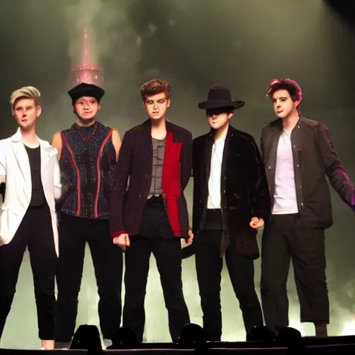 Image similar to doctor who characters in a boy band on stage