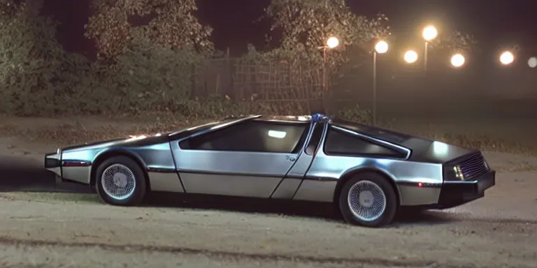 Image similar to photoreal Cinematography of the Delorean from back to the future shot on film by Dean Cundey at night in the style of the 1985 film Back To The Future Photorealisticly