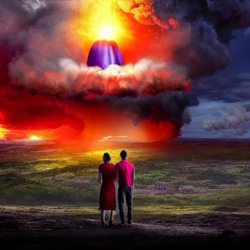 Image similar to a young couple watching a nuclear explosion, romantic, mushroom cloud, uplifting, happy, apocalytic detailed digital matte painting