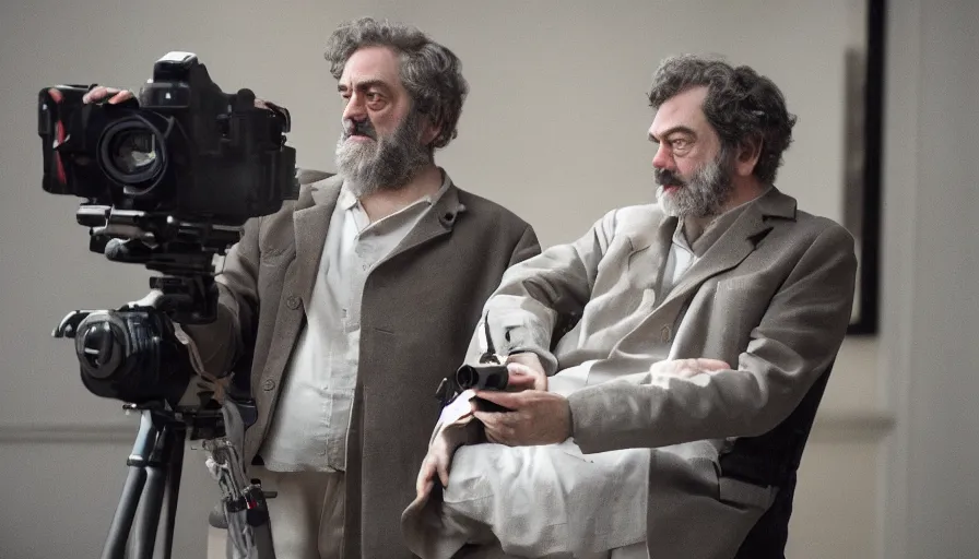 Image similar to hyper-realistic and detailed 2010s movie still portrait of stanley kubrick, Leica SL2 30mm, beautiful color, high quality, high textured, cinematic, low angle shot