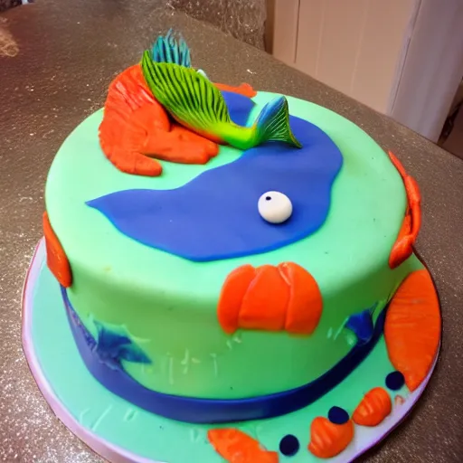 Prompt: angry mermaid themed birthday cake, food photography,