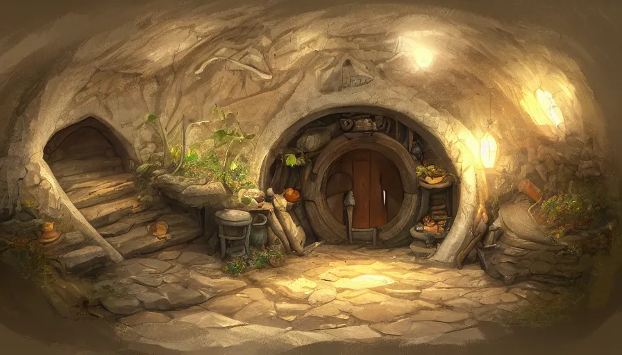 Prompt: concept art of the inside of a comfortable hobbit - hole, digital art, trending on artstation