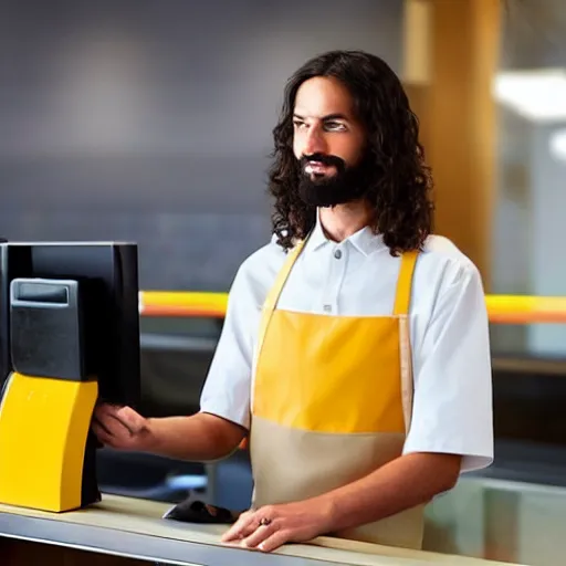 Image similar to closeup portait of jesus working as a cashier at macdonalds