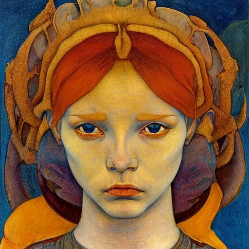 Image similar to the little android queen, by annie swynnerton and diego rivera and elihu vedder and lucien freud and jean delville, symbolist, dramatic lighting, elaborate geometric ornament, head and shoulders view, art brut, soft cool colors, smooth, sharp focus, extremely detailed, adolf wolfli, leo and diane dillon, nicholas roerich