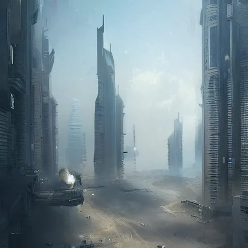 Prompt: dubai 2 0 3 0, dystopia, by greg rutkowski